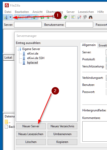 Bild FileZilla neue FTP Verbindung anlegen"