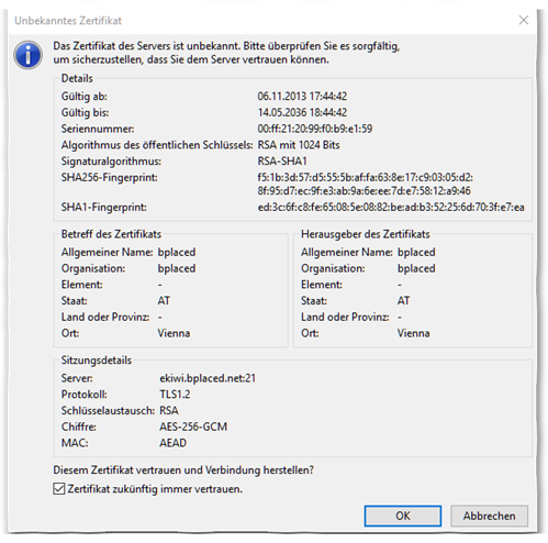 Bild Zertifikatprüfung in FileZilla